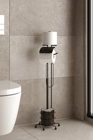 Banyo Tuvalet Fırçalığı Tuvalet Kağıdı Askısı Yedekli Ayaklı Siyah Siyah
