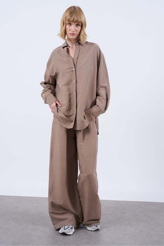 Kadın Keten Gömlek Pantolon Takım Vizon