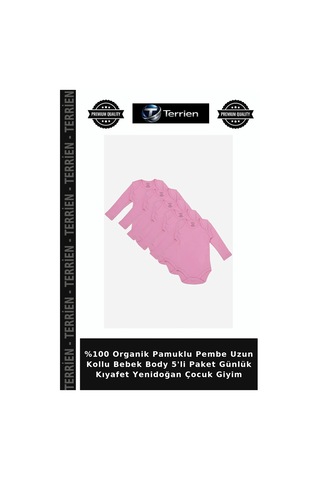 Terrien %100 Organik Pamuklu Pembe Uzun Kollu Bebek Body 5'li Paket Günlük Kıyafet Yenidoğan Çocuk Giyim