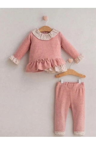 Kız Bebek Çiçek Desenli 2 Li Takım-15268 Pembe