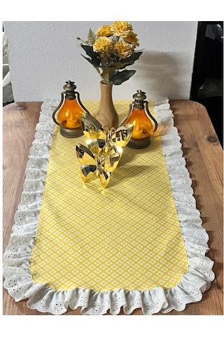 Vintage Fisto Fırfırlı Duck Keten Çiçek Desenli Oval Runner 40 X 110 Cm Sarı - Krem