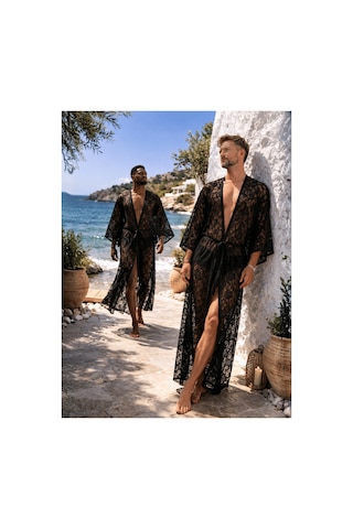Qmen Style Erkek Plaj Kaftanı Siyah Lace Dandel Siyah