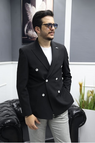 Avni Ceylan Verde Dokulu Gofre Kumaş İtalyan Stil Slim Fit Kruvaze Erkek Ceket Siyah