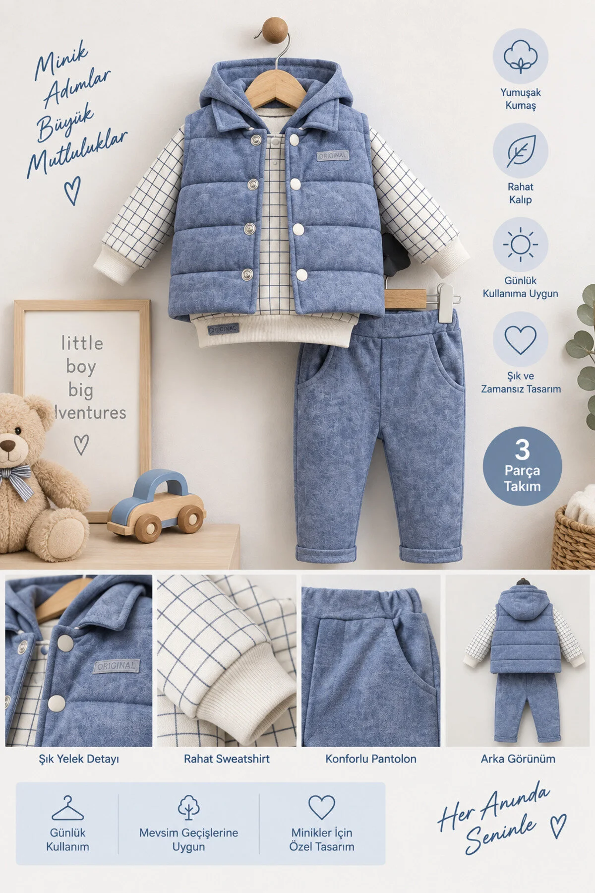 Bilge Trend Erkek Bebek Mavi Kapüşonlu Sweat , Şişme Yelek , Pantolon 3 Parça Premium Seri Kışlık Takım