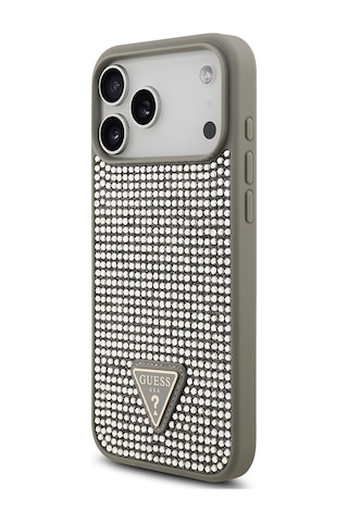 Apple Uyumlu iPhone 17 Pro Max Kılıf Guess Lisanslı Taşlı Arka Yüzey Üçgen Logolu Kapak Gümüş Gümüş