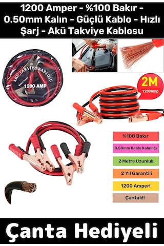 Çantalı 1200 Amper Oto %100 Bakır 0.50mm Kalın Kablo Güçlü Hızlı Şarj Akü Takviye Aktarım Kablosu
