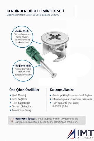 İmt Aksesuar 10 Mm Kendinden Dübelli Minifix Gövde Ve Mil Seti - Mobilya Bağlantı Elemanı 50 Parça Metalik