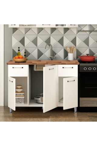 120 Cm Tezgahlı Beyaz Panovit Mini Alt Modül Mutfak Dolabı Beyaz