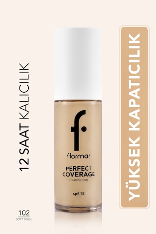 Flormar Perfect Coverage Yoğun Kapatıcı Su Bazlı Fondöten (Nötr Alt Ton) -102 Soft Beige -8682536058162