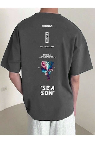 Erkek Füme Oversize Sea Son Baskılı Örme T-shirt Füme