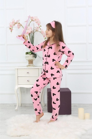 Kız Çocuk Pembe Renk Efsane Mickey Mouse Karakter Baskılı Desenli Pijama Alt Üst Takım Pembe