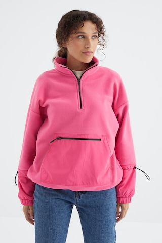 Tommy Life Şeker Pembe Etek Ucu Büzgülü Yarım Fermuarlı Oversize Kadın Polar Sweatshirt - 97238 Şeker Pembe