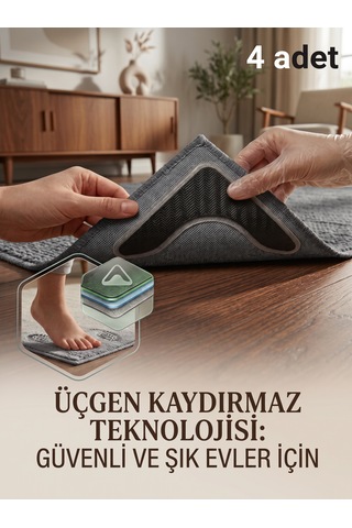 4'lü Set Üçgen Halı Kaydırmaz Ped - Yıkanabilir Halı Tutucu Sabitleyici Köşe Pedi