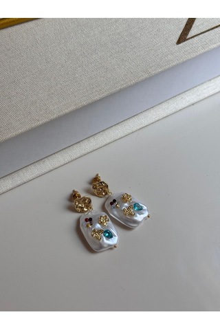 Barok İnci Detaylı Altın Kaplama Renkli Taşlı Küpe Altın