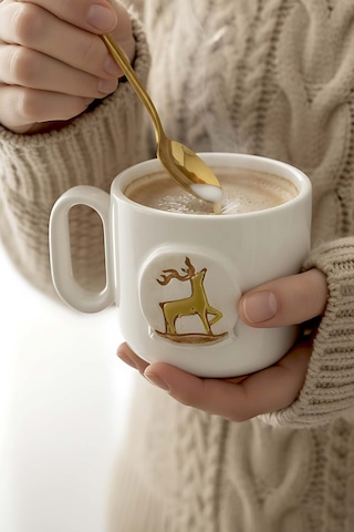 Rivaistanbul Geyik Amore 24 K Altın Süslemeli El Yapımı Yılbaşı Hediyesi Seramik Double Kahve Fincanı, Mug, Kupa Beyaz