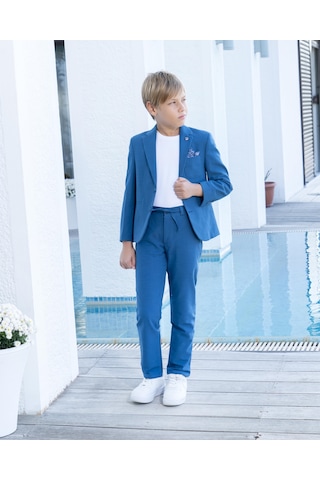 Erkek Çocuk İndigo Takım Elbise Keten Spor Takım Ceket Pantolon Tişort 3-14 Yaş İndigo