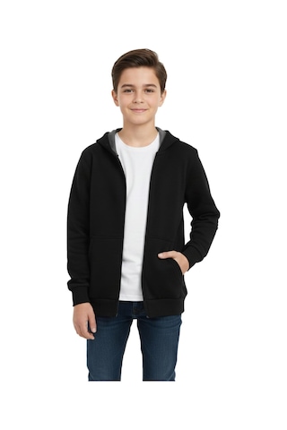 Pandonim Siyah Fermuarlı Kapüşonlu Cepli Kız Erkek Sweatshirt Bgl-st05001 Siyah