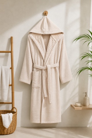 Pamuklu Kapüşonlu Banyo Bornozu Yumuşak Doku Çeyiz Cepli Kemerli Unisex Bej