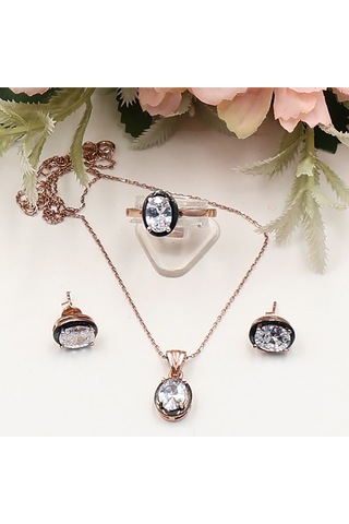 Rose Oval Zirkon Taşlı Tek Taş Set Rose Gold - Gümüş