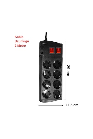 Techmaster 3 Usb Akım Çocuk Korumalı 8li Priz 2mt Kablo