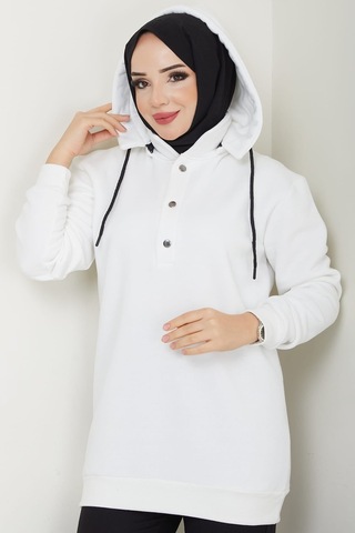 Esilanur Çıkarılabilir Kapüşonlu 3 İplik Şardonlu Sweatshirt Beyaz