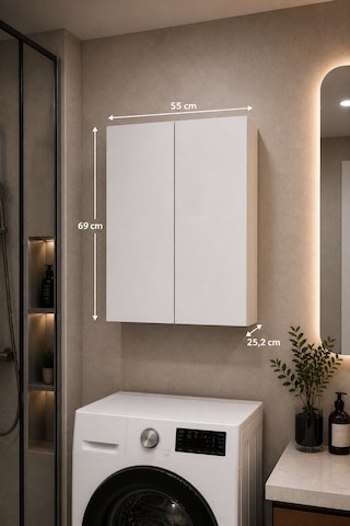 3 Raflı Çok Amaçlı Banyo Dolabı Mat Beyaz Mdf Lam 69x55x25 Cm Yavaşlatıcılı Kapaklı Duvar Dolabı