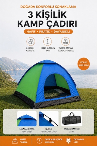 3 Kişilik Kamp Çadırı 200 150 110cm Kolay Kurulumlu 3 Kişilik Çadır Karışık