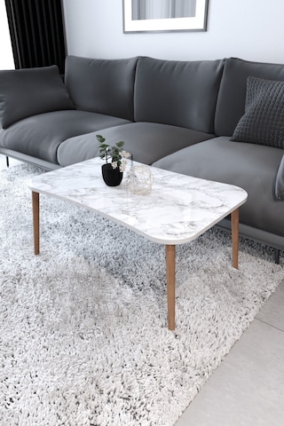 Esma Orta Sehpa Ve Zigon Sehpa 4'Lü Ahşap Ayaklı - Beyaz Mermer