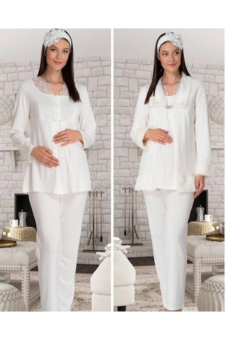 Mecit Pijama Mecit 5304 Ecru Peluş Detaylı Sabahlıklı Lohusa Pijama Takımı