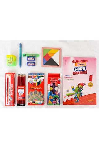 1. Sınıf Okul Hazırlık Seti - Bilgin Çocuk Tüm Dersler Soru Kitabı 318 Soru + Pensan 12 Renk Boya & Kırtasiye Seti + Tangram