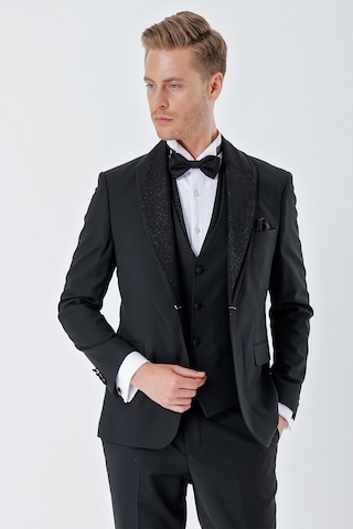 İmza Siyah Çizgili Çıkarılabilir Şal Yaka Yelekli 6 Drop Slim Fit Smokin Damatlık Takım 1001230212-Siyah