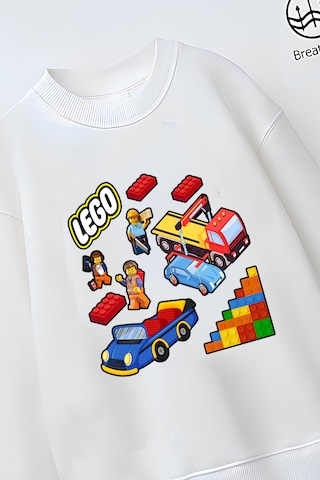 Belyakidswear Trend Çocuk Model Tam Kalıp Oversize Lego Tasarım 3 İplik Pamuğa Pamuk Kumaş Beyaz