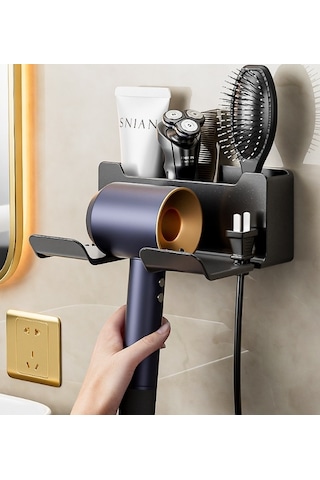 Lichen Saç Kurutma Makinesi Rafı, Punch Yok, Banyo Duvara Montaj Gri