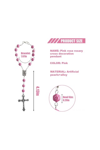 Vkemall Gül Desenli İpekbilezik, Inci Takı, Haç Tasarımı, Meçhul Dini Alet, Pembe Rengi Beyaz Taşlı Rose