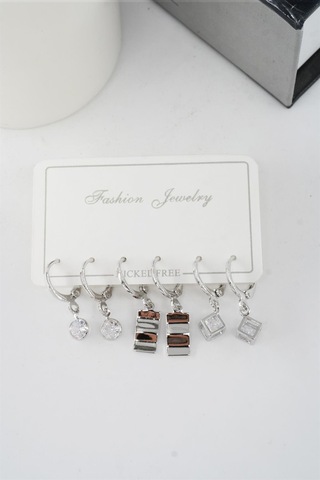 Kadın Zirkon Taşlı Sallantılı Kare Figürlü Klipsli 6'lı Küpe Seti Çok Renkli