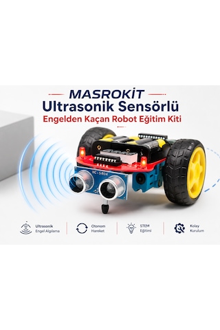 Masrokit U2l-7718 Ultrasonik Sensörlü Engelden Kaçan Robot Eğitim Kiti Metal Dişli Mavi Motorlu