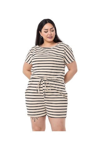 Büyük Beden Düşük Kollu Beli Lastikli Cepli Siyah Çizgili Şort Tulum-siyah Siyah