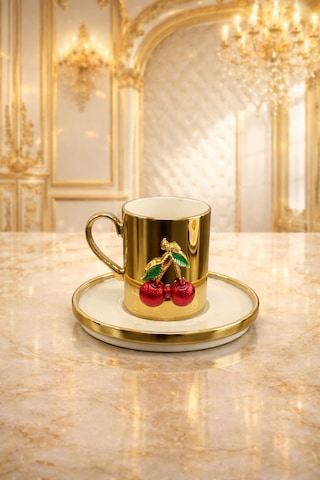 2 Kişilik Porselen Gold Platin Kaplama Kiraz Kahve Fincan Takımı Seti 100ml Altın