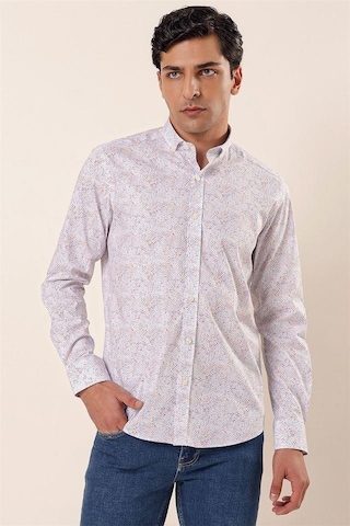 İmza Koyu Mavi Uzun Kollu Baskılı Cepsiz Pamuklu Likralı Casual Slim Fit Dar Kesim Gömlek 1004230136-koyu Mavi Koyu Mavi