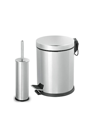 Paslanmaz Pedallı 8 Lt Çöp Kovası - Klozet Fırçası 2'li Banyo Seti Gri