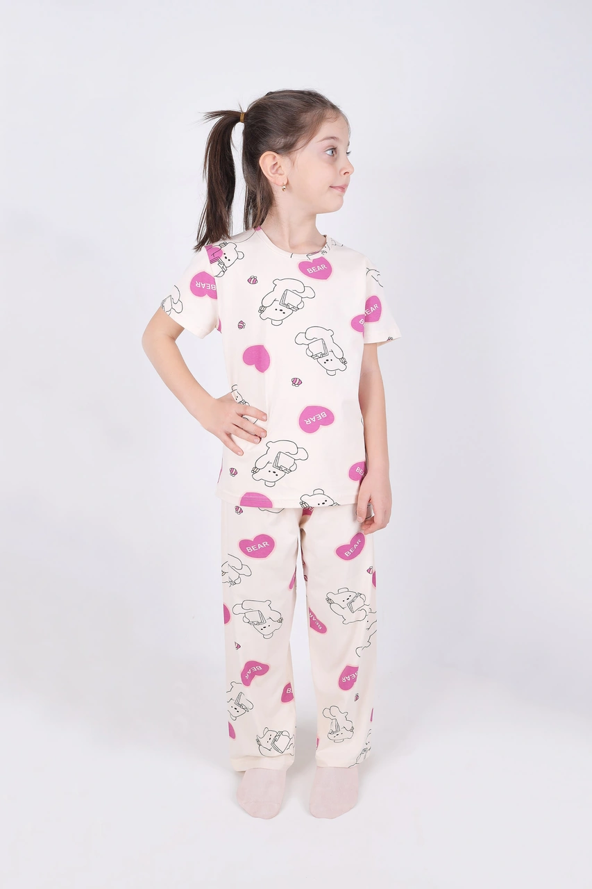 Kız Çocuk Pamuklu Kalpli Desenli Pijama Takımı Kc30102 Ekru - Pembe