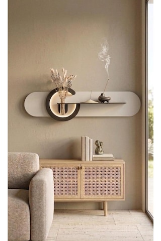 Antoryum Dekoratif Duvar Rafı Led Işıklı Ahşap İskandinav Tarzı Büyük Boy Modern Salon Duvar Rafı Çiçeklik 38x135 Cm Paris Grisi - Ahşap Ceviz