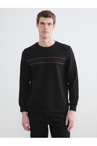 Lcwaıkıkı Classic Siyah Bisiklet Yaka Şerit Detaylı Erkek Sweatshirt