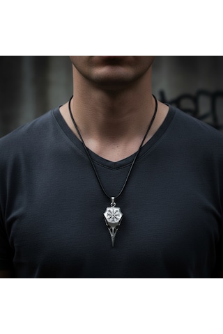 Koruma Kuzgun Kafatası - Vegvisir Gümüş Kaplama Deri İp Kolye Silver
