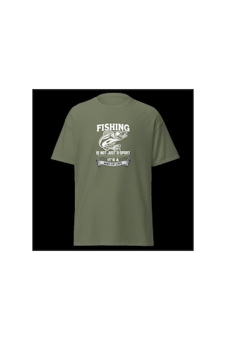 Wildstyle Fishing Is A Way Of Life Balıkçılık Yaşam Tarzı Baskılı Unisex Bisiklet Yaka Pamuklu Tişört - Haki