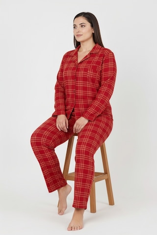 Bravie Luxury Soft Kırmızı Ekose Desenli Uzun Kollu Kadın Pijama Takımı Büyük Beden 3018 Kırmızı