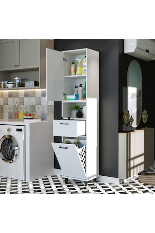 Çamaşır Sepetli Banyo Dolabı, Çok Amaçlı Çekmeceli Dolap 45 X 200 Mat Beyaz