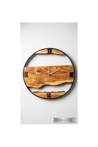 Doğal Zeytin Ağacı Duvar Saati - Siyah Metal Kasnaklı Artizan Tasarım - 38x38 Cm Dekoratif Saat Kahverengi