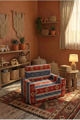 Çocuk Koltuğu Komple Sünger Katlanabilir Yataklı Minder Yatak 0-4 Yaş Mavi Kilim Desen Standart
