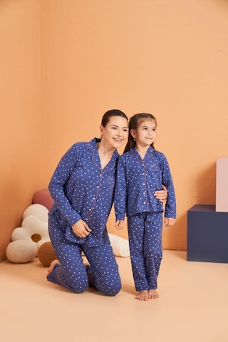 Pjs Kadın Anne-kız Kalpli Önden Düğmeli Gömlek Yaka Uzun Kollu Pijama Takım mavi